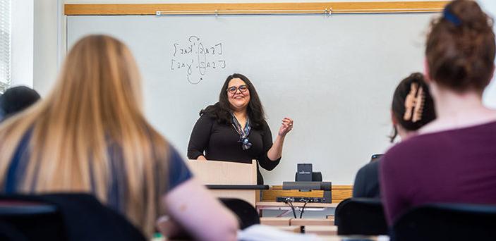 费尔南达·费雷拉教授微笑着在白板前教授西班牙语语音学，学生们在一旁观看